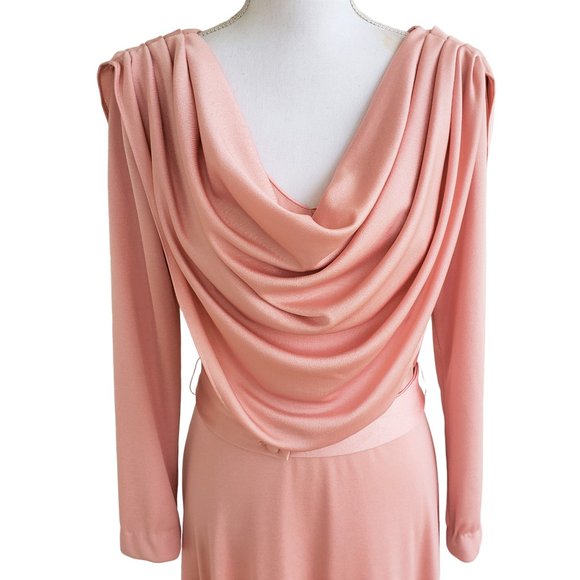 Vintage 70s Pale Pink Draping Long Sleeve Maxi Dress With Belt - Picture 2 of 9